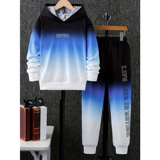 2 piece Color Blocking Patchwork Hooded Sweatshirt and Sweatpants Fashionable King Letter 3D Printed Casual Sports Set