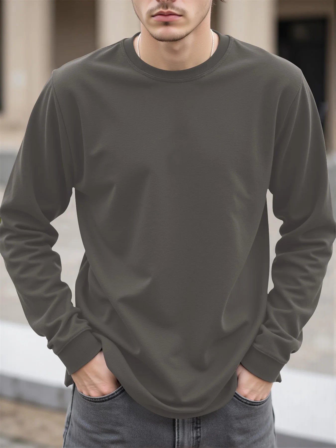 Men's 100% Cotton Long Sleeve T-Shirt Autumn Crew Neck Loose plus Size High-Quality Comfortable Solid Color Casual Top
