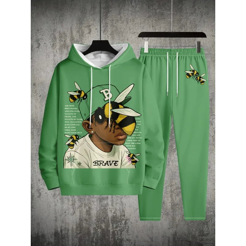 3D Printed Men's Shoulder Style Hooded Sweatshirt Top and Pants Two-piece Set Spring and Autumn Casual Sports Set