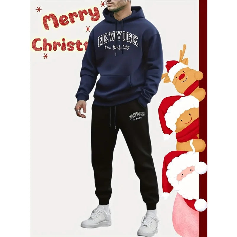 Spring and Autumn Warm Men's Heavy Weight Hoodies Sweatpants 2-piece Set NEW YORK CITY Letter 3D Printing