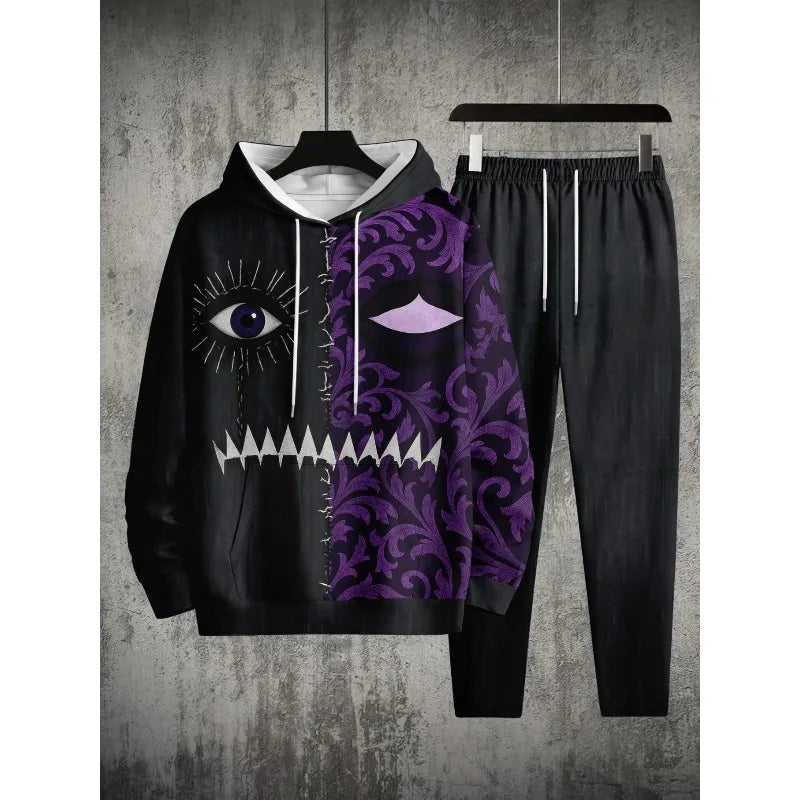 3D Printed Men's Shoulder Style Hooded Sweatshirt Top and Pants Two-piece Set Spring and Autumn Casual Sports Set