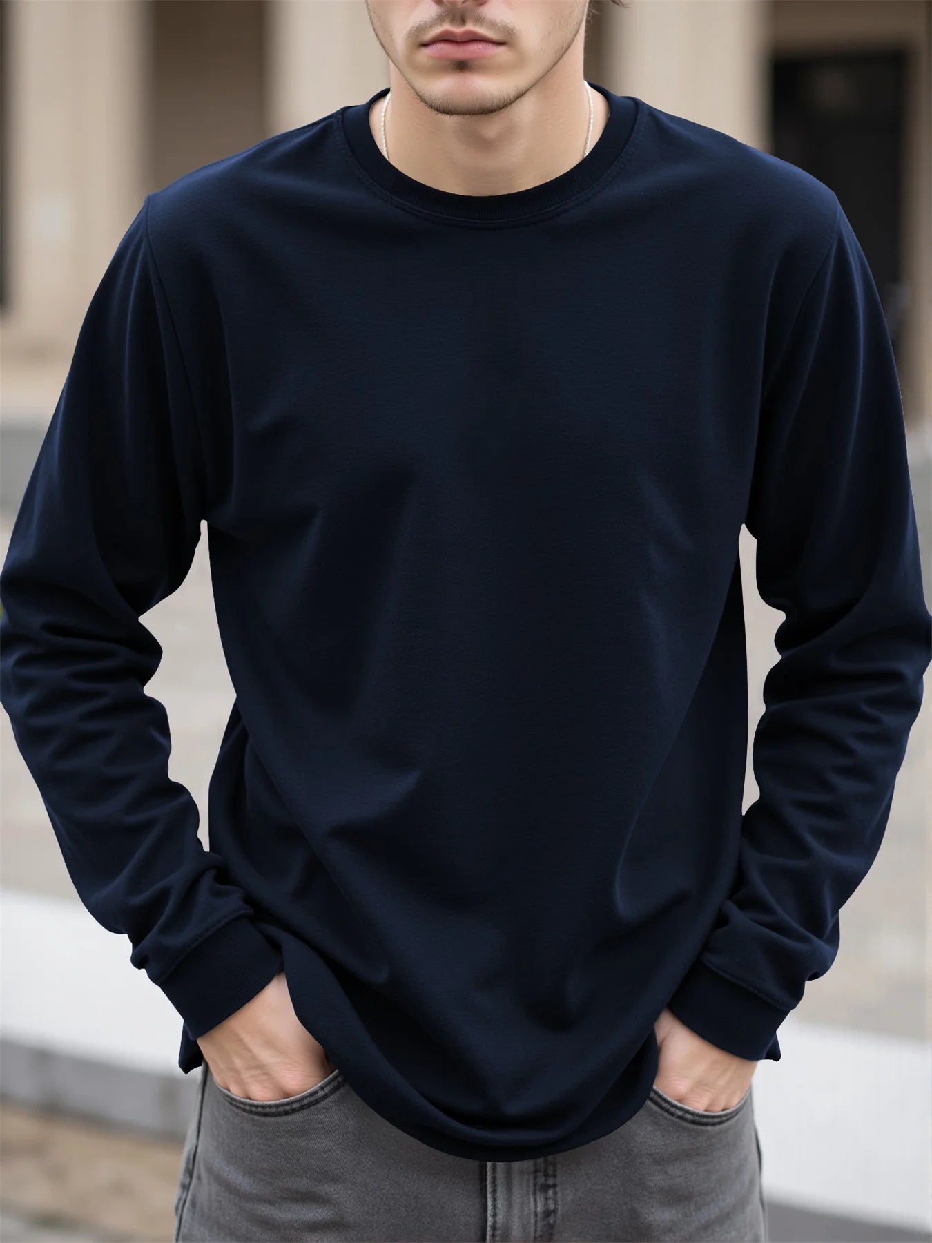 Men's 100% Cotton Long Sleeve T-Shirt Autumn Crew Neck Loose plus Size High-Quality Comfortable Solid Color Casual Top