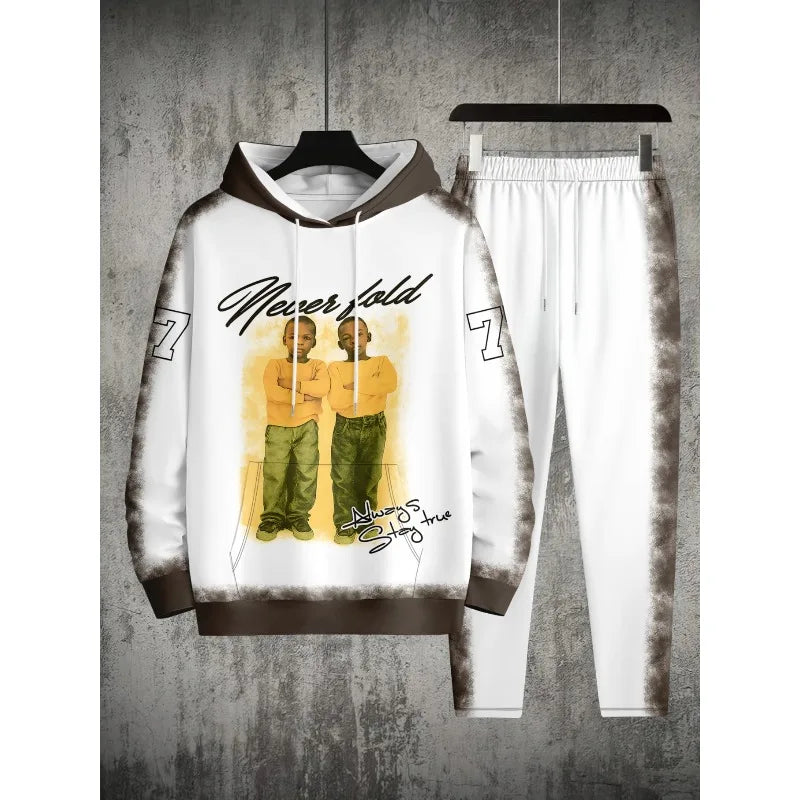 3D Printed Men's Shoulder Style Hooded Sweatshirt Top and Pants Two-piece Set Spring and Autumn Casual Sports Set