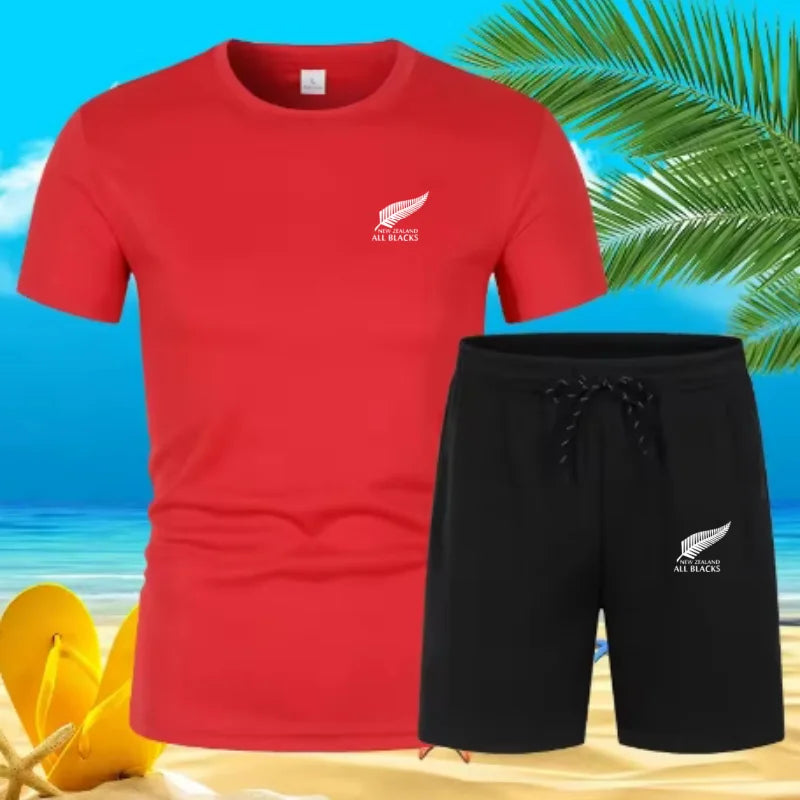 Men'S Fashion New Zealand Printing. Quick-Drying Breathable Sports Short-Sleeved T-Shirt Shorts. Summer Men'S Fashion Suit.
