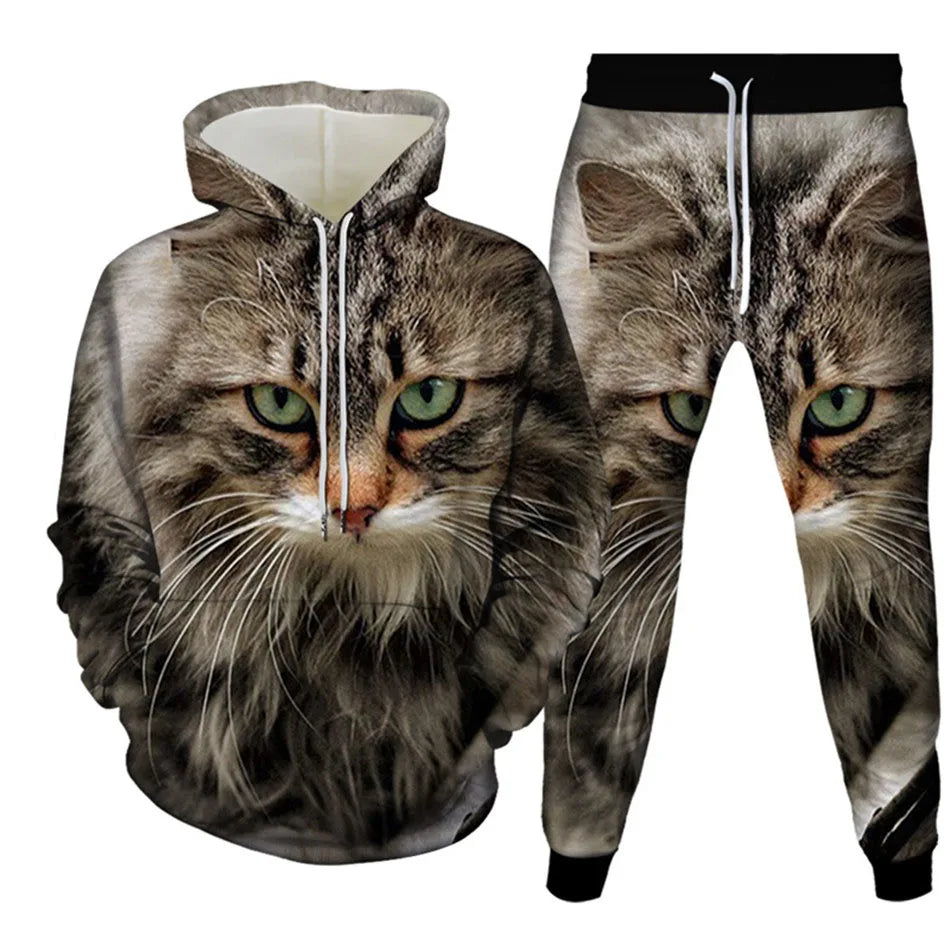 Autumn Funny Animal Cat 3D Printed Hoodie Suit Men Sweatshirts Sweatpants Fashion Casual Two Piece Tracksuit Set Man Clothing