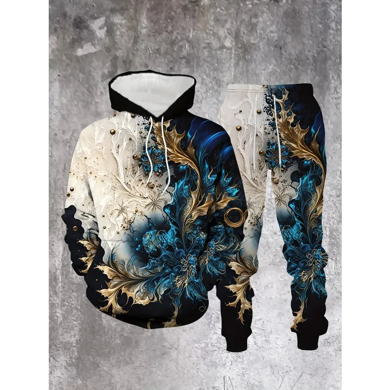 Casual Sports Style Men's Fashion New Personalized Printed Hooded Sweatshirt Two-piece Set