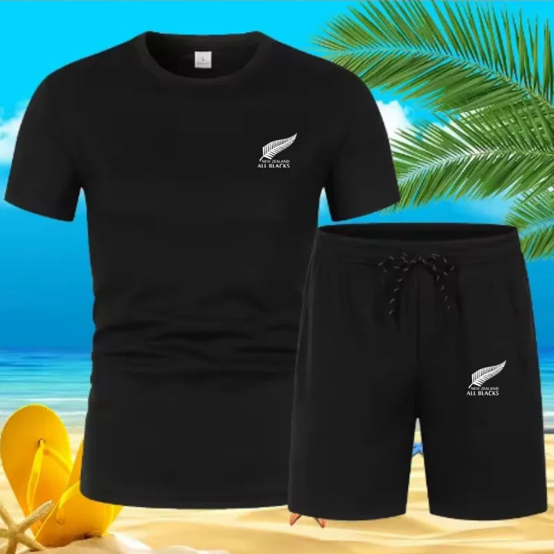 Men'S Fashion New Zealand Printing. Quick-Drying Breathable Sports Short-Sleeved T-Shirt Shorts. Summer Men'S Fashion Suit.