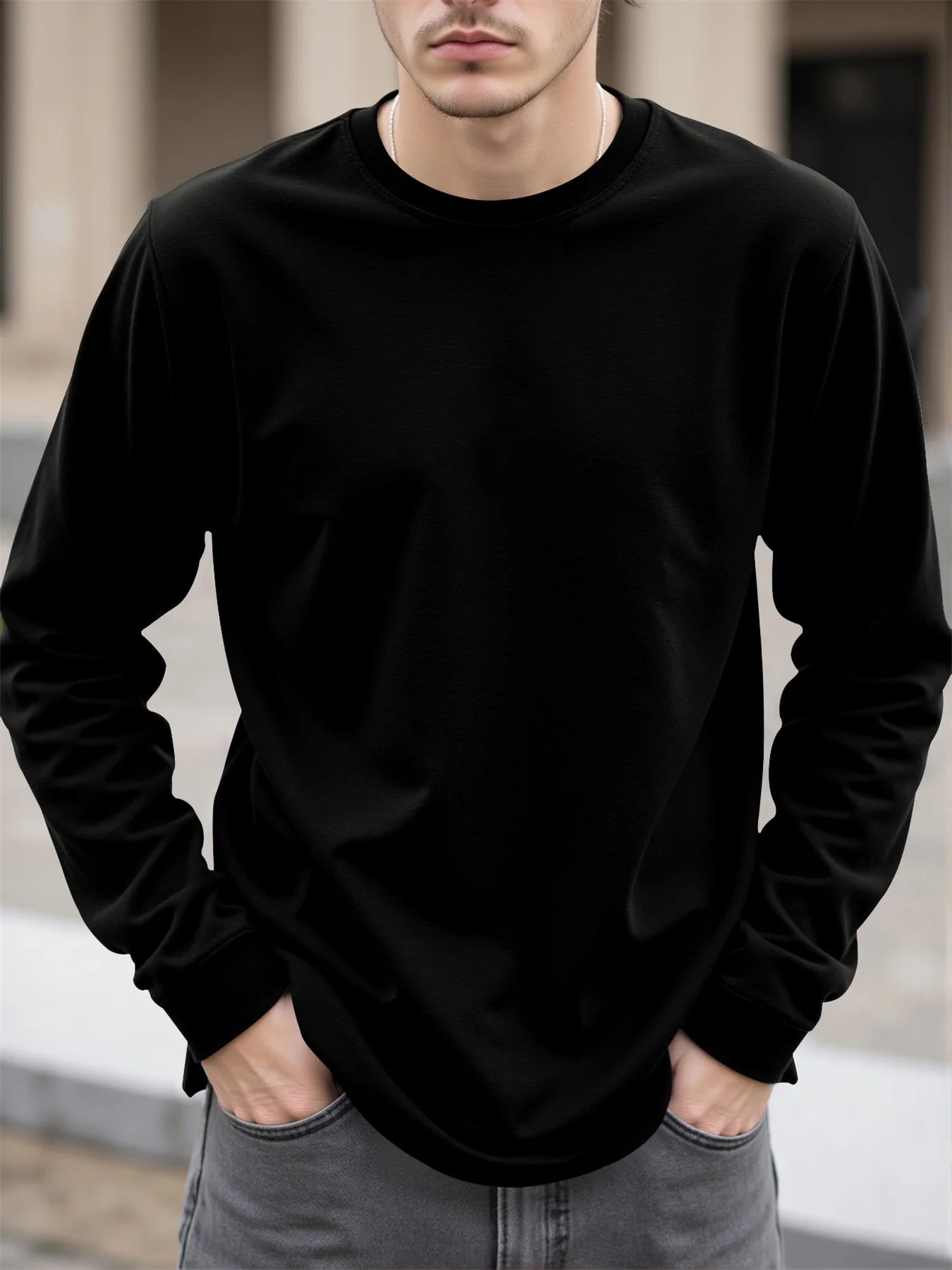 Men's 100% Cotton Long Sleeve T-Shirt Autumn Crew Neck Loose plus Size High-Quality Comfortable Solid Color Casual Top