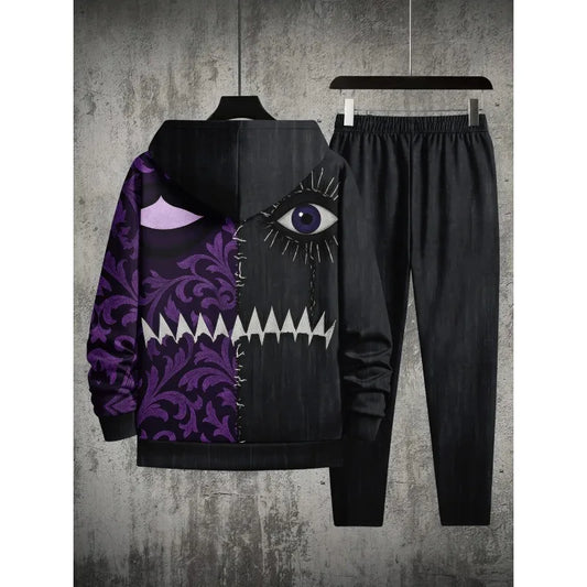 3D Printed Men's Shoulder Style Hooded Sweatshirt Top and Pants Two-piece Set Spring and Autumn Casual Sports Set