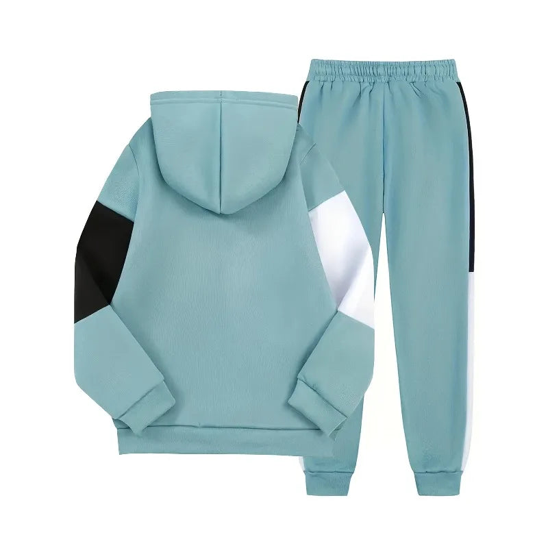 2 piece Color Blocking Patchwork Hooded Sweatshirt and Sweatpants Fashionable King Letter 3D Printed Casual Sports Set