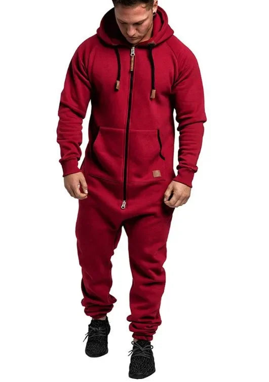 Mens Onesie Jumpsuit Long Sleeve Fleece Sweatpants Pure Color Splicing Autumn and Winter Casual Hoodie Male Zipper Jumpsuit