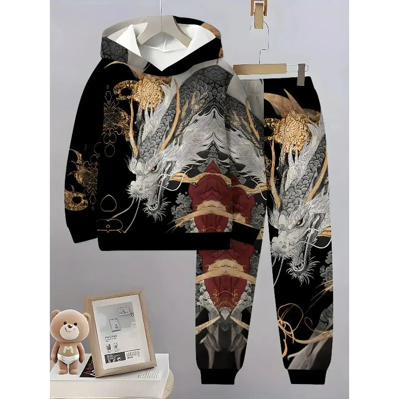 3D Digital Animal Monkey Brown Bear Dragon Printed Hoodie and Sports Pants 2-piece Simple Fashion Casual Set