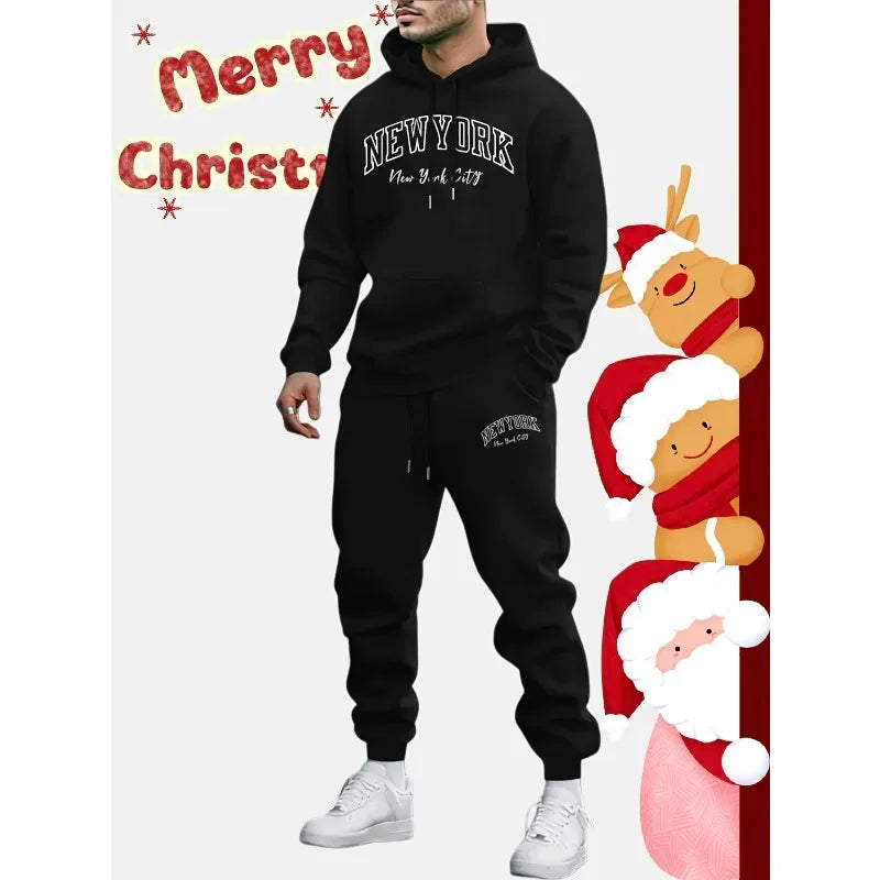 Spring and Autumn Warm Men's Heavy Weight Hoodies Sweatpants 2-piece Set NEW YORK CITY Letter 3D Printing