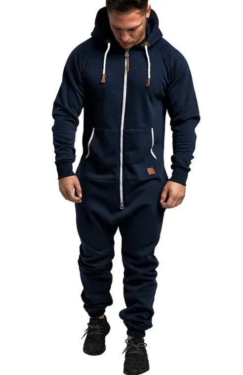 Mens Onesie Jumpsuit Long Sleeve Fleece Sweatpants Pure Color Splicing Autumn and Winter Casual Hoodie Male Zipper Jumpsuit