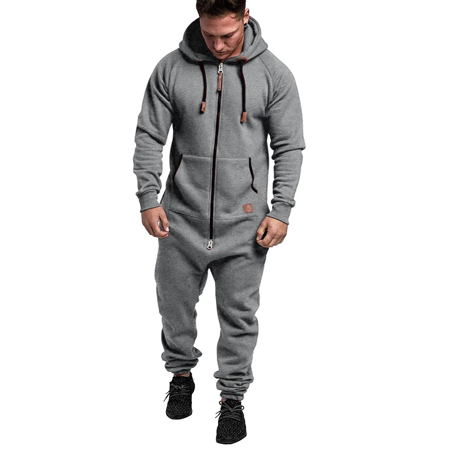 Mens Onesie Jumpsuit Long Sleeve Fleece Sweatpants Pure Color Splicing Autumn and Winter Casual Hoodie Male Zipper Jumpsuit