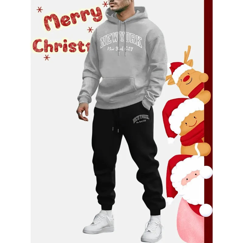 Spring and Autumn Warm Men's Heavy Weight Hoodies Sweatpants 2-piece Set NEW YORK CITY Letter 3D Printing