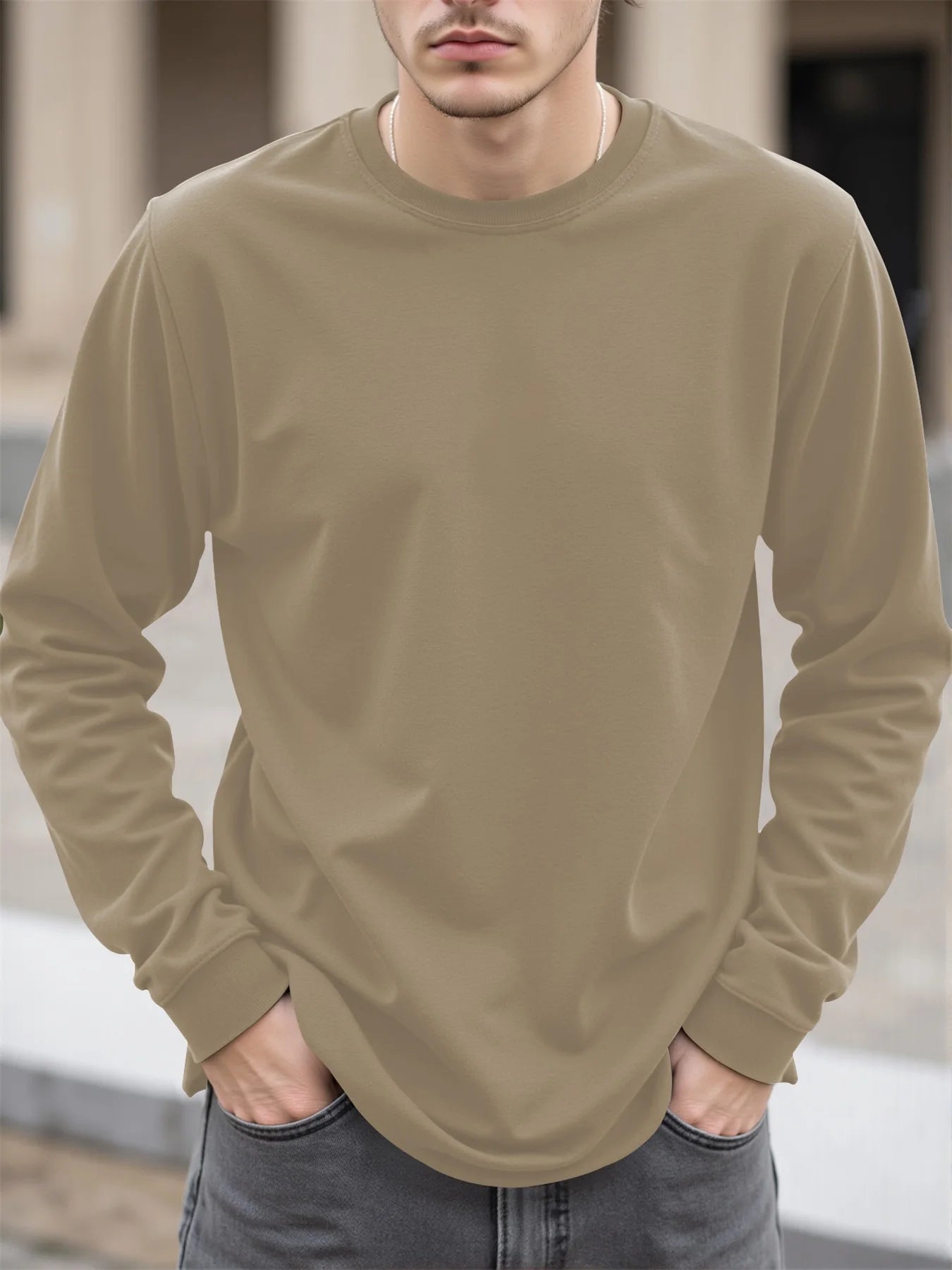 Men's 100% Cotton Long Sleeve T-Shirt Autumn Crew Neck Loose plus Size High-Quality Comfortable Solid Color Casual Top