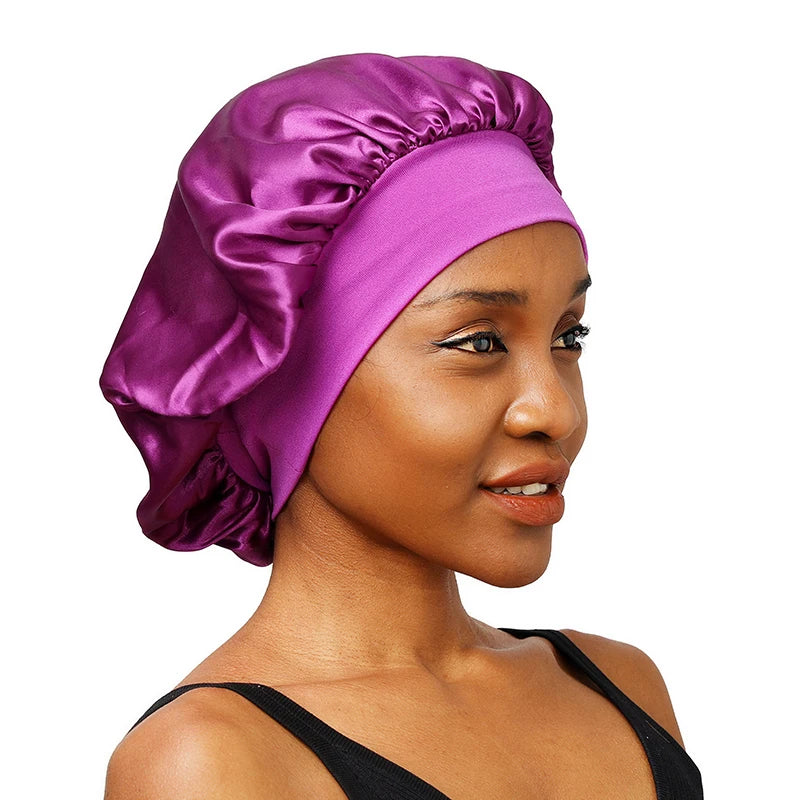 New Women's Satin Solid Wide-brimmed Sleeping Hat Unisex Head Wrap