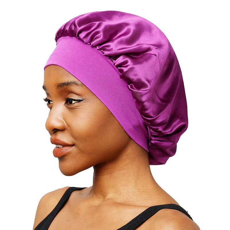 New Women's Satin Solid Wide-brimmed Sleeping Hat Unisex Head Wrap