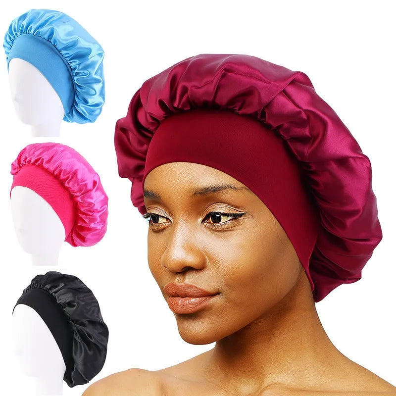 New Women's Satin Solid Wide-brimmed Sleeping Hat Unisex Head Wrap