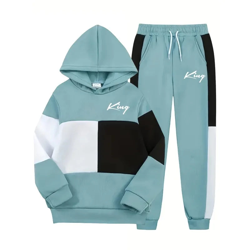 2 piece Color Blocking Patchwork Hooded Sweatshirt and Sweatpants Fashionable King Letter 3D Printed Casual Sports Set