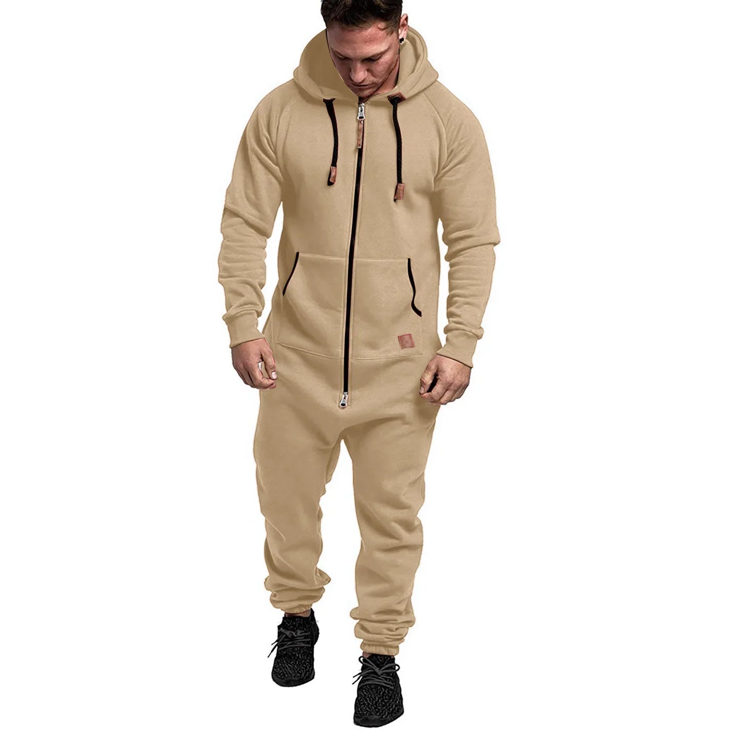 Mens Onesie Jumpsuit Long Sleeve Fleece Sweatpants Pure Color Splicing Autumn and Winter Casual Hoodie Male Zipper Jumpsuit