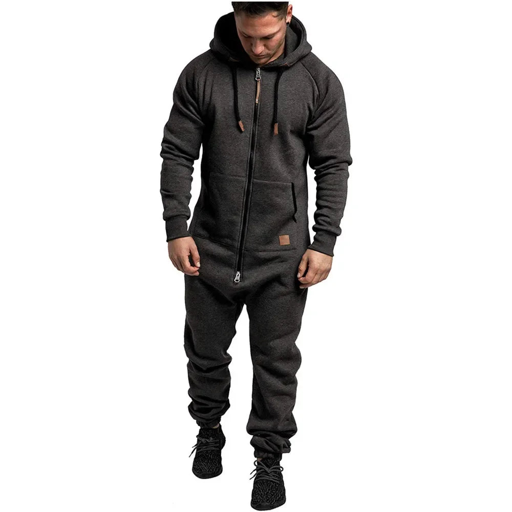Mens Onesie Jumpsuit Long Sleeve Fleece Sweatpants Pure Color Splicing Autumn and Winter Casual Hoodie Male Zipper Jumpsuit