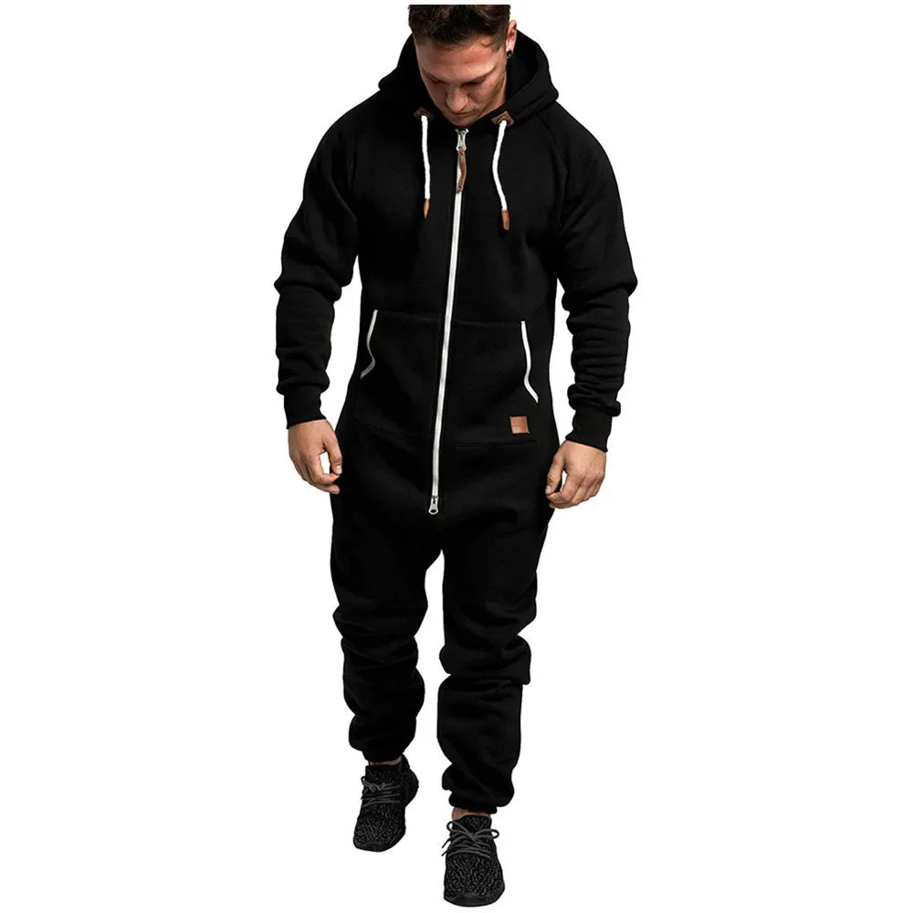 Mens Onesie Jumpsuit Long Sleeve Fleece Sweatpants Pure Color Splicing Autumn and Winter Casual Hoodie Male Zipper Jumpsuit