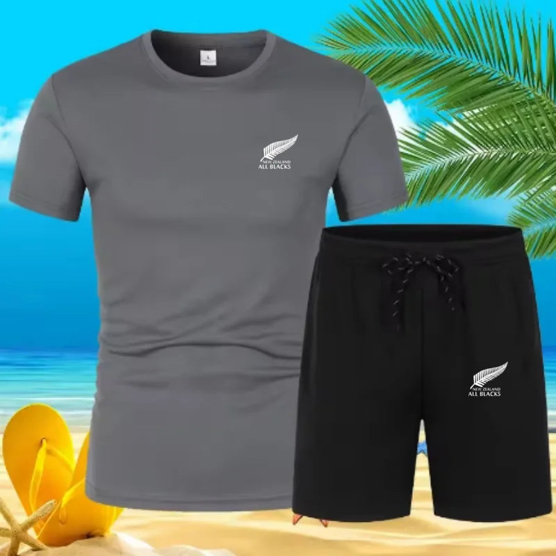 Men'S Fashion New Zealand Printing. Quick-Drying Breathable Sports Short-Sleeved T-Shirt Shorts. Summer Men'S Fashion Suit.