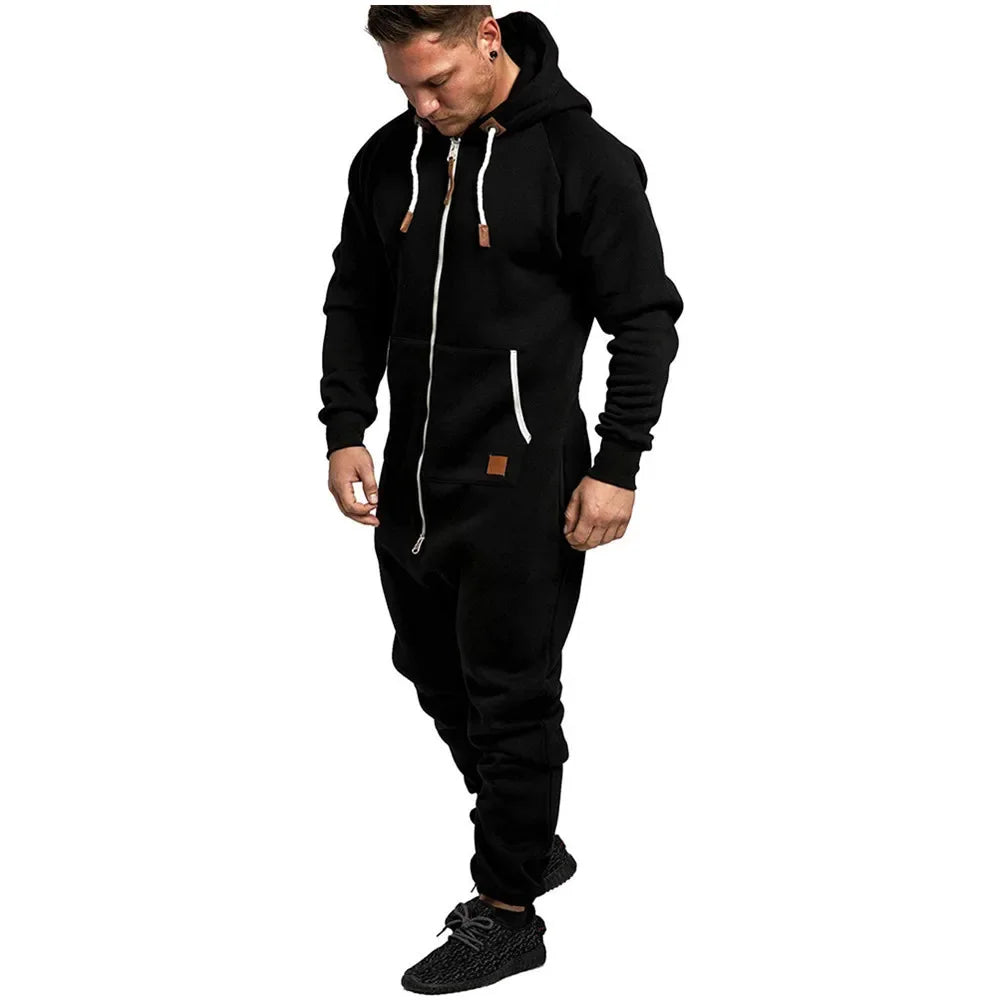 Mens Onesie Jumpsuit Long Sleeve Fleece Sweatpants Pure Color Splicing Autumn and Winter Casual Hoodie Male Zipper Jumpsuit