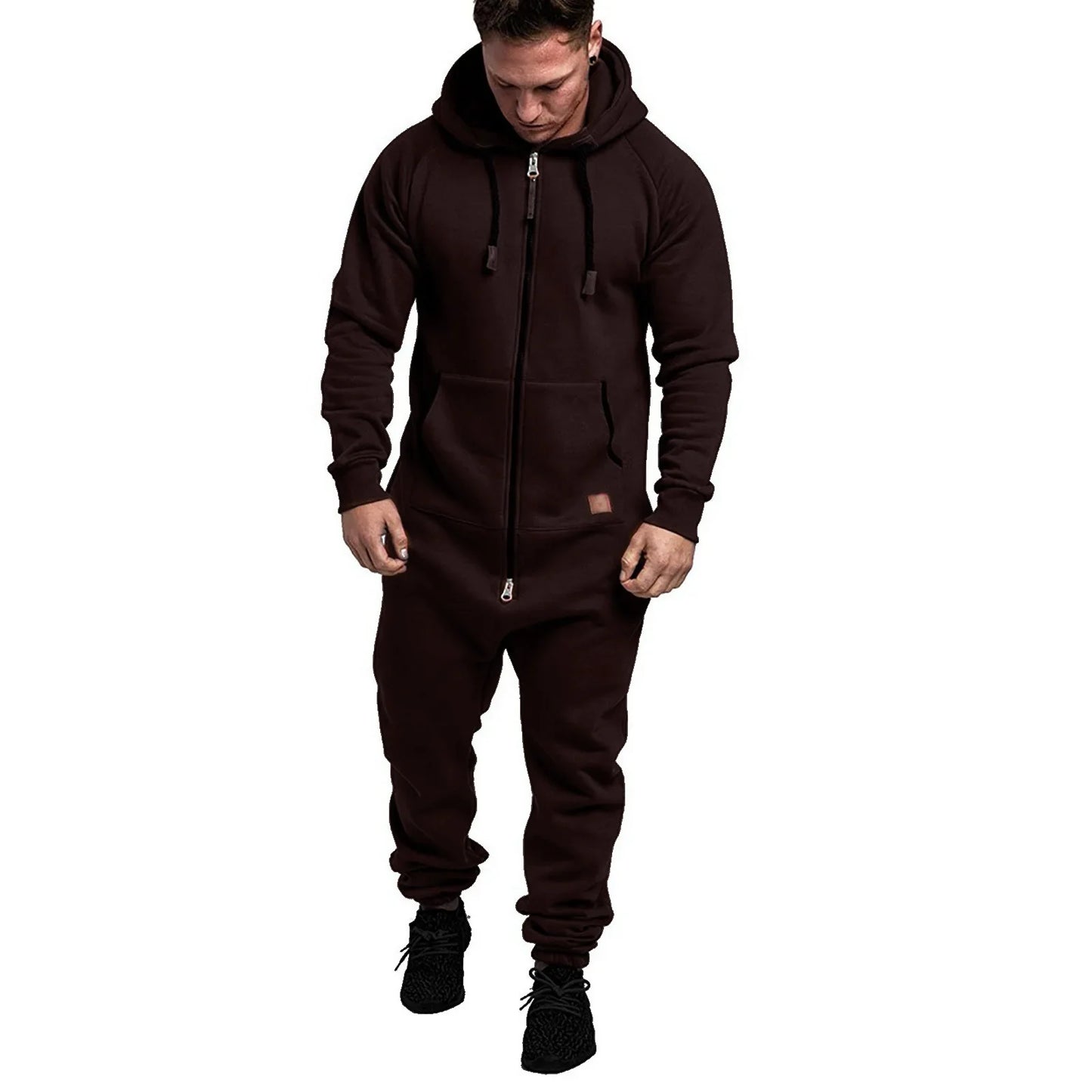 Mens Onesie Jumpsuit Long Sleeve Fleece Sweatpants Pure Color Splicing Autumn and Winter Casual Hoodie Male Zipper Jumpsuit