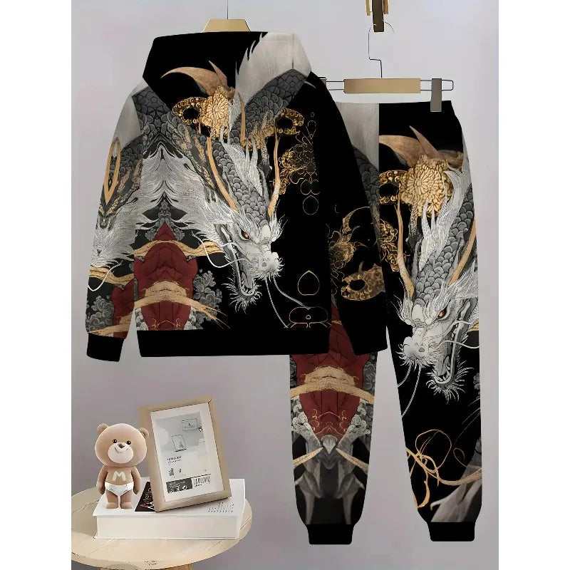 3D Digital Animal Monkey Brown Bear Dragon Printed Hoodie and Sports Pants 2-piece Simple Fashion Casual Set