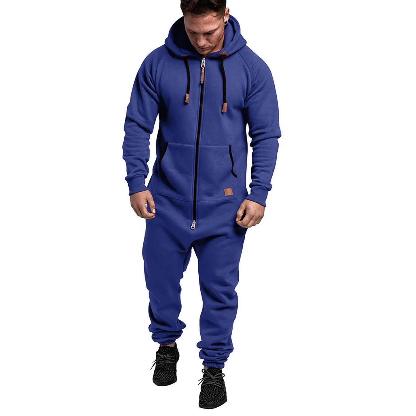 Mens Onesie Jumpsuit Long Sleeve Fleece Sweatpants Pure Color Splicing Autumn and Winter Casual Hoodie Male Zipper Jumpsuit