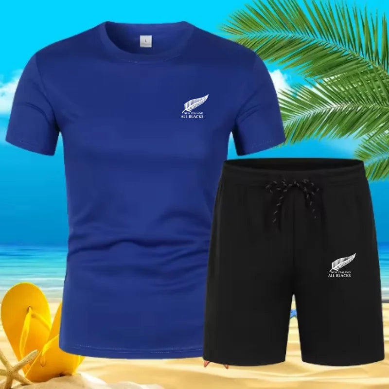 Men'S Fashion New Zealand Printing. Quick-Drying Breathable Sports Short-Sleeved T-Shirt Shorts. Summer Men'S Fashion Suit.
