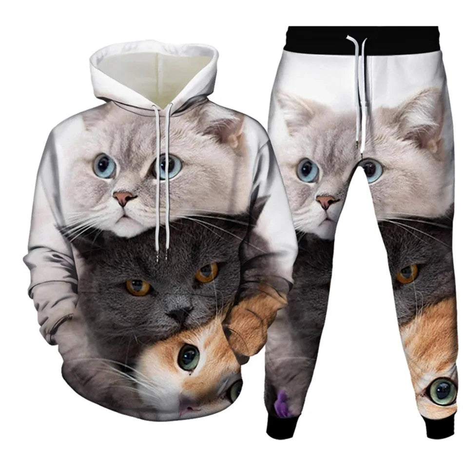 Autumn Funny Animal Cat 3D Printed Hoodie Suit Men Sweatshirts Sweatpants Fashion Casual Two Piece Tracksuit Set Man Clothing