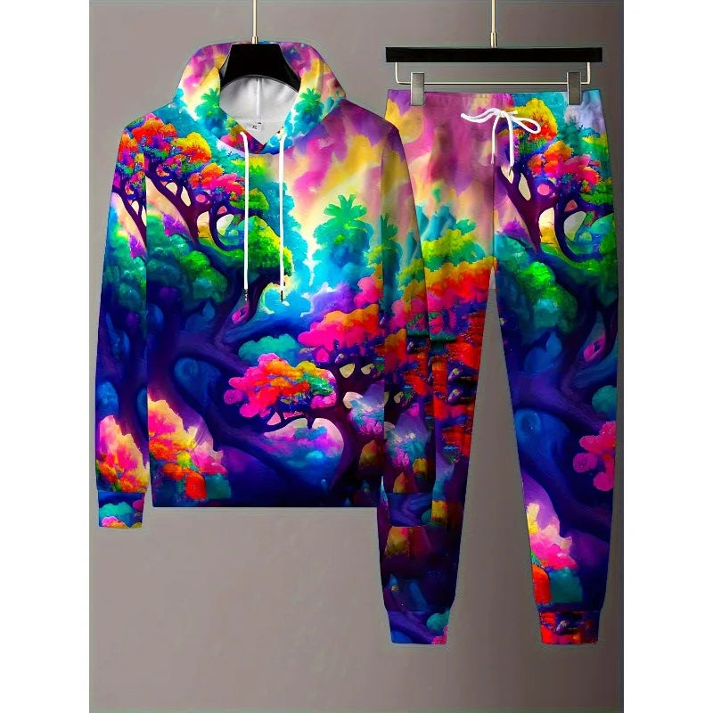 Casual Sports Style Men's Fashion New Personalized Printed Hooded Sweatshirt Two-piece Set