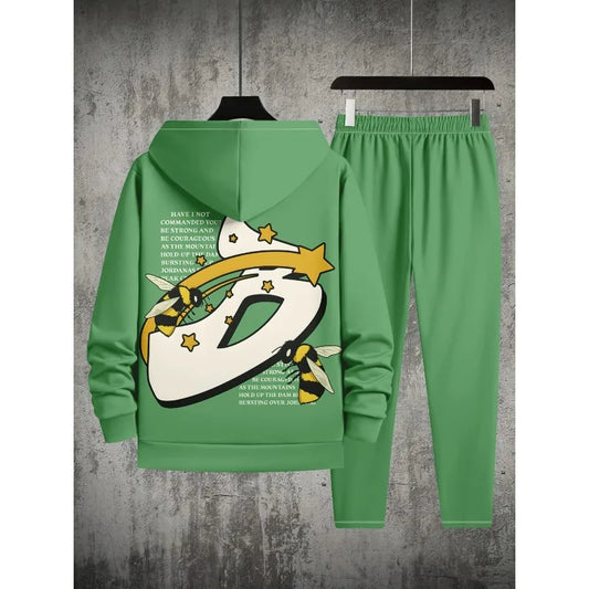 3D Printed Men's Shoulder Style Hooded Sweatshirt Top and Pants Two-piece Set Spring and Autumn Casual Sports Set