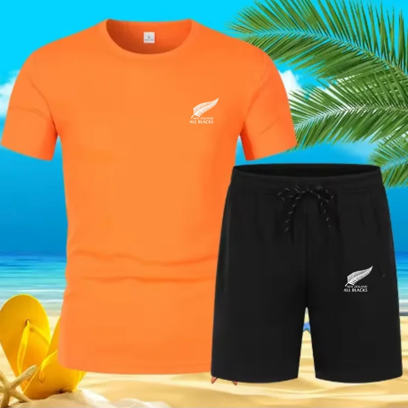 Men'S Fashion New Zealand Printing. Quick-Drying Breathable Sports Short-Sleeved T-Shirt Shorts. Summer Men'S Fashion Suit.