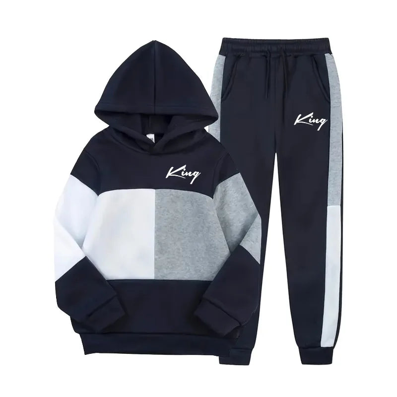 2 piece Color Blocking Patchwork Hooded Sweatshirt and Sweatpants Fashionable King Letter 3D Printed Casual Sports Set