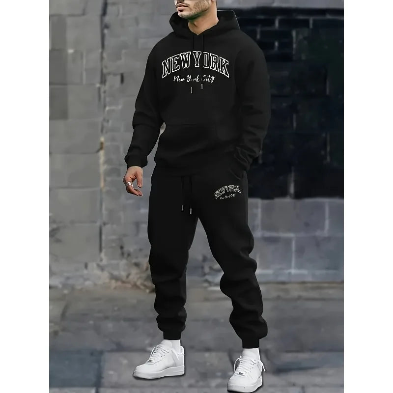Spring and Autumn Warm Men's Heavy Weight Hoodies Sweatpants 2-piece Set NEW YORK CITY Letter 3D Printing