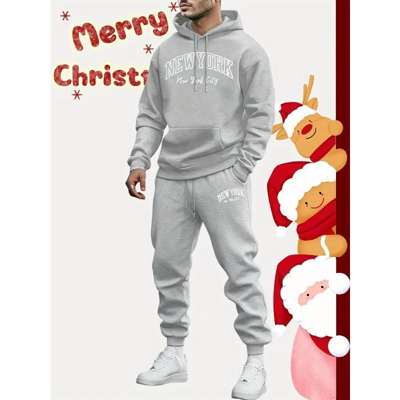 Spring and Autumn Warm Men's Heavy Weight Hoodies Sweatpants 2-piece Set NEW YORK CITY Letter 3D Printing