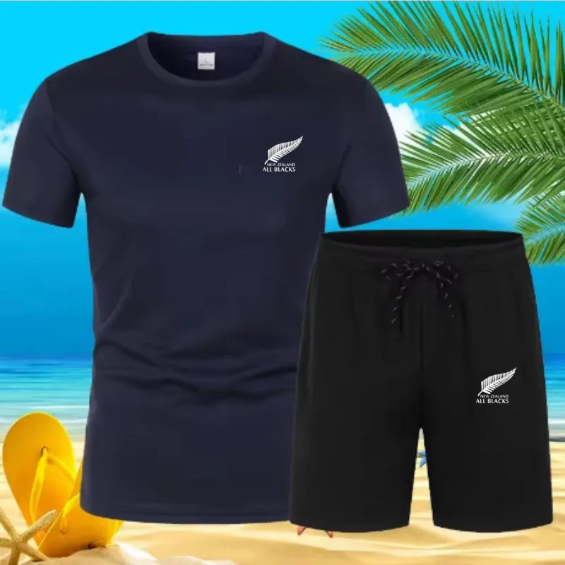 Men'S Fashion New Zealand Printing. Quick-Drying Breathable Sports Short-Sleeved T-Shirt Shorts. Summer Men'S Fashion Suit.