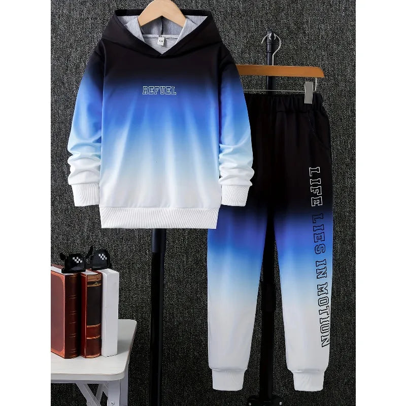 2 piece Color Blocking Patchwork Hooded Sweatshirt and Sweatpants Fashionable King Letter 3D Printed Casual Sports Set