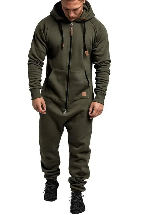 Mens Onesie Jumpsuit Long Sleeve Fleece Sweatpants Pure Color Splicing Autumn and Winter Casual Hoodie Male Zipper Jumpsuit