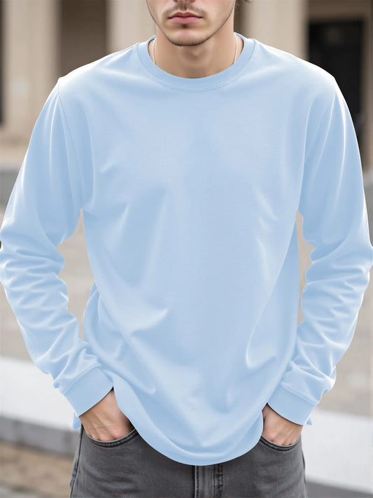 Men's 100% Cotton Long Sleeve T-Shirt Autumn Crew Neck Loose plus Size High-Quality Comfortable Solid Color Casual Top