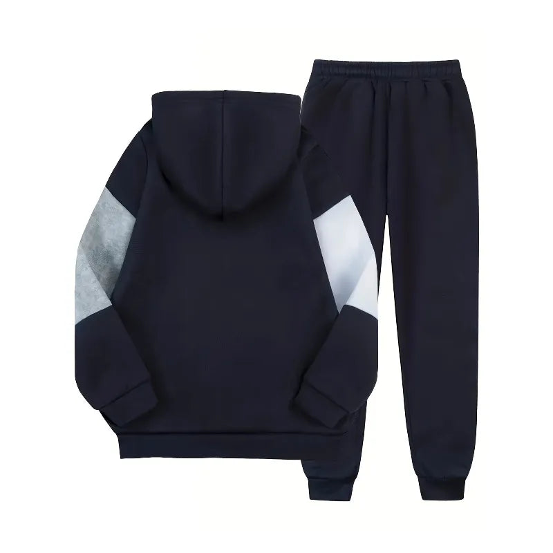 2 piece Color Blocking Patchwork Hooded Sweatshirt and Sweatpants Fashionable King Letter 3D Printed Casual Sports Set